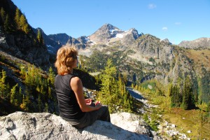 Focusing on a view is an easy meditation technique, like Mary is doing in the mountains.