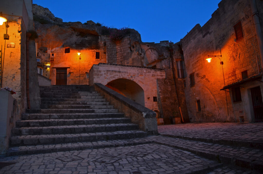 Ancient stairs in Matera at night